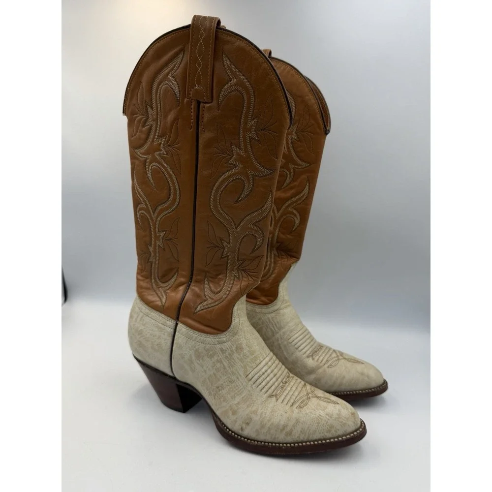 J Chisholm Cowboy Boots Womens 6.5 Leather Brown Cream Vtg Western Cowgirl